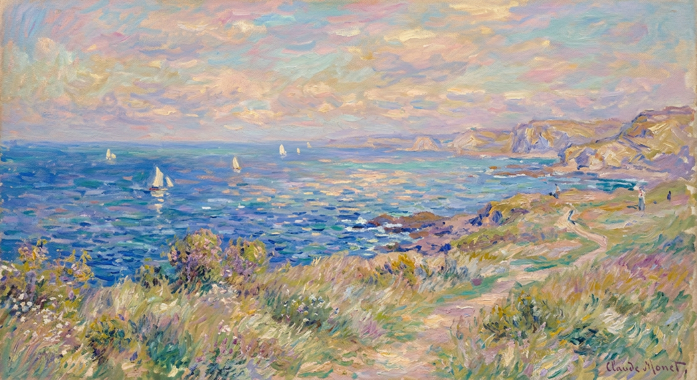 Coastal landscape with blue sea, white sailboats, rocky cliffs, and wildflowers in impressionist style